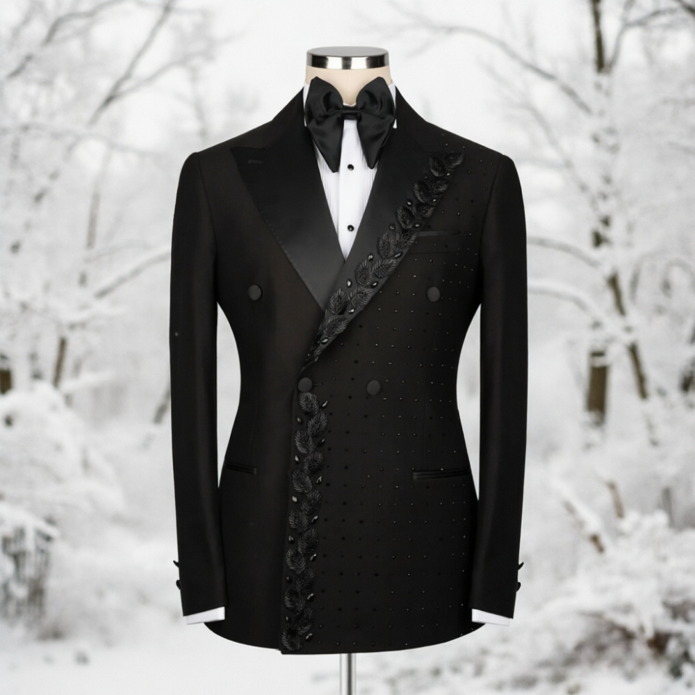 Beaded Men Suits Textured Black Embroidery Double Breasted Formal Slim Fit Groom Tuxedo Wedding Prom Dinner Party Blazer Pants