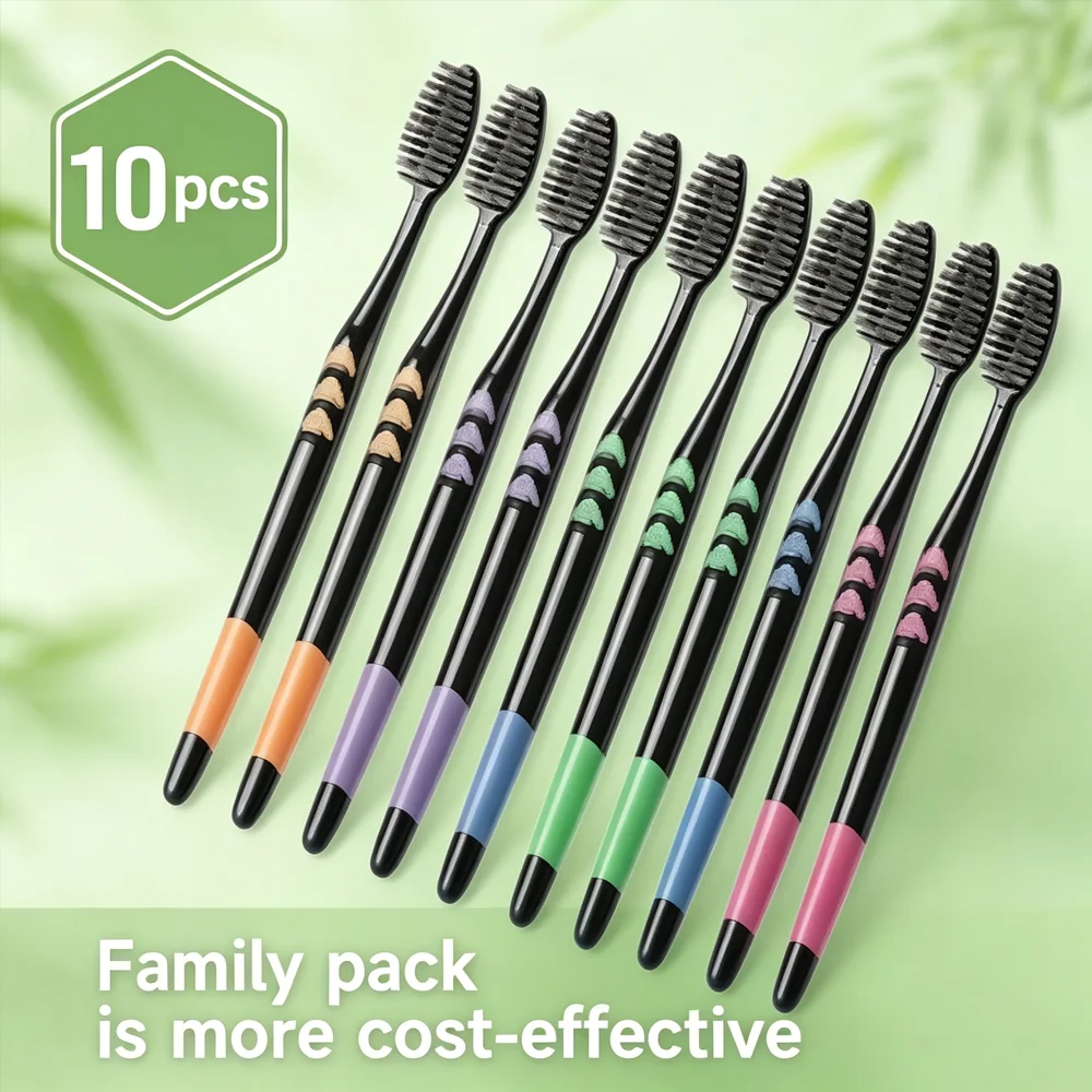 10 Pieces Packed Soft Bristle Bamboo Charcoal Black Hair Ultra-Fine Beauty Toothbrush Couple Suit Used For Oral Cleaning Tools