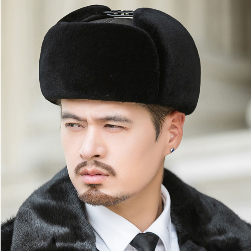 Chapeau de bombardier en cuir véritable pour homme, protection des oreilles, fausse fourrure, casquette militaire à l'intérieur, noir, marron, casquettes à toit plat, homme, chaud, hiver, 55-60cm