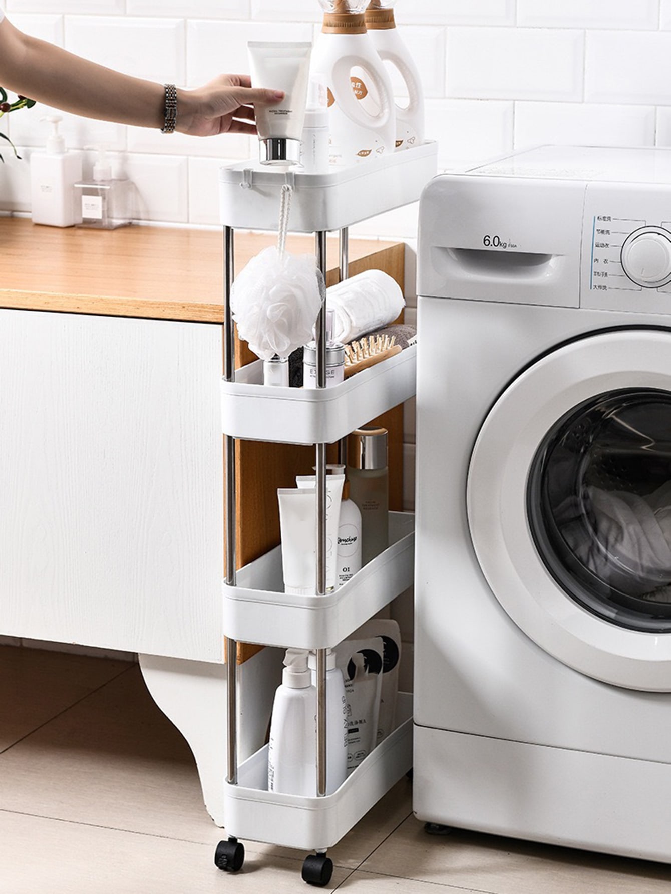 1 stücke 3/4 Tier Roll Utility Warenkorb Lagerung Regal Beweglichen Lücke Lagerung Rack Küche Bad Schlank Rutsche Organizer Regal Wohnzimmer