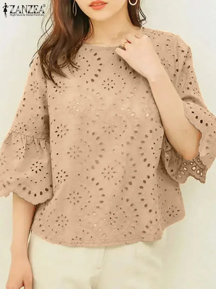 Zanzea 3/4 Ruches Mouw Losse Blusa Vrouwen Uitgehold Kant Patchwork Effen Kleur Tops Alledaagse 2024 Zomer Casual Elegante Blouse