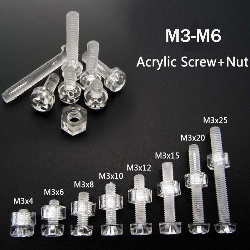 50 sets acryl doorzichtig plastic nylon M3-M6 ronde kruiskopschroefbout + moer