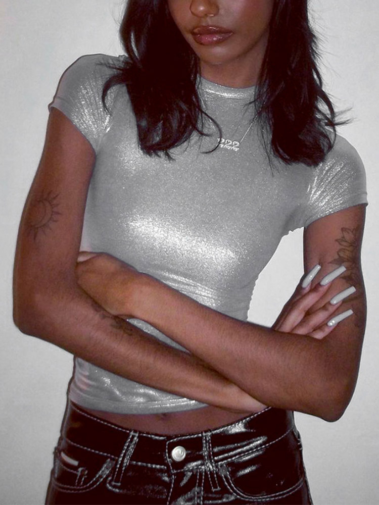 Camiseta de cuero liso con cuello redondo para mujer, Top Sexy ajustado de manga corta Y2K, camisetas de moda para mujer, ropa de calle Grunge 2024