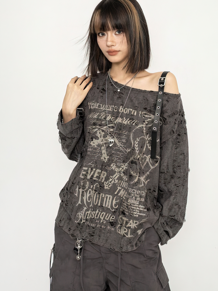 Kaos Lengan Panjang Y2k Wanita Off Shoulder Oversize Atasan Wanita Musim Semi Gugur Vintage Berlubang Kaos Basic Streetwear Chic