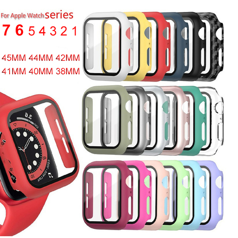 360เคสสำหรับ Apple Watch, ขนาด45มม. 41มม. 44มม. 40มม. 42มม. 38มม. ป้องกันหน้าจอกันชน + กระจกสำหรับ iWatch Series 8 7 6 5 4 3 2 1 SE