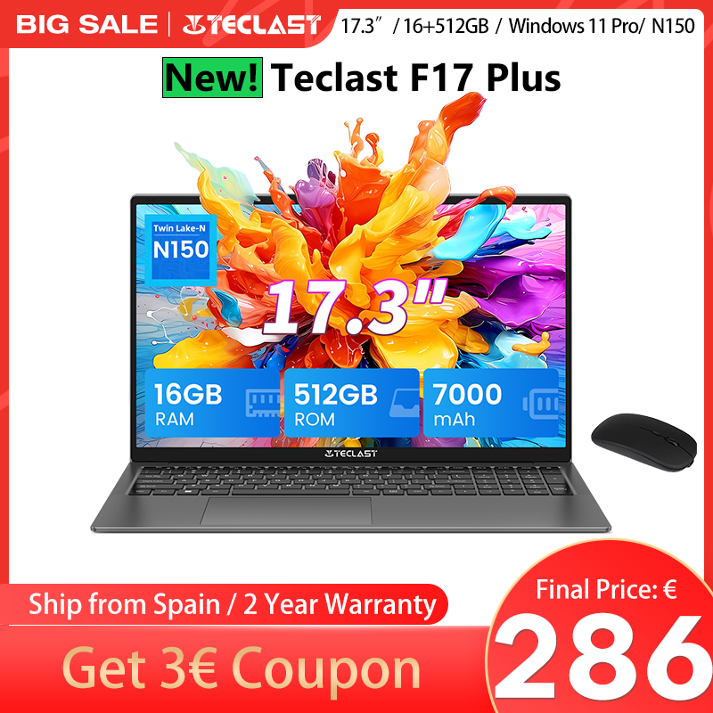 Teclast F17Plus Laptop 17,3 inch, 16 GB RAM, 512 GB SSD, Intel N95, Windows 11 Pro, laptop met achtergrondverlicht toetsenbord, 180° kantelbaar, mini-HDMI, 3x USB 3.2