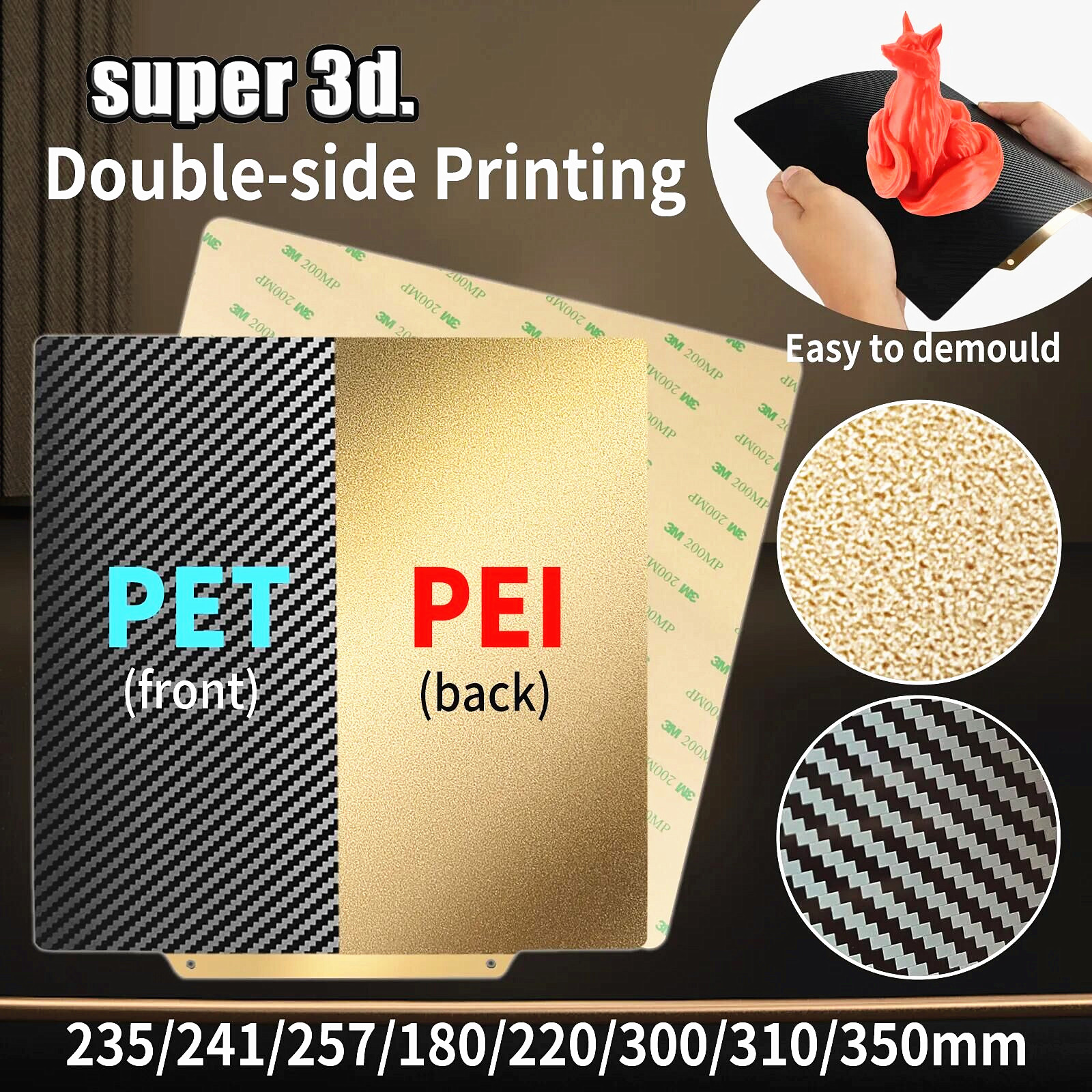Fibra de carbono PET de doble cara + hoja de acero de resorte PEI, placa de construcción magnética PEI 180/220/235/310/350, cama térmica para actualización Ender 3 p1p