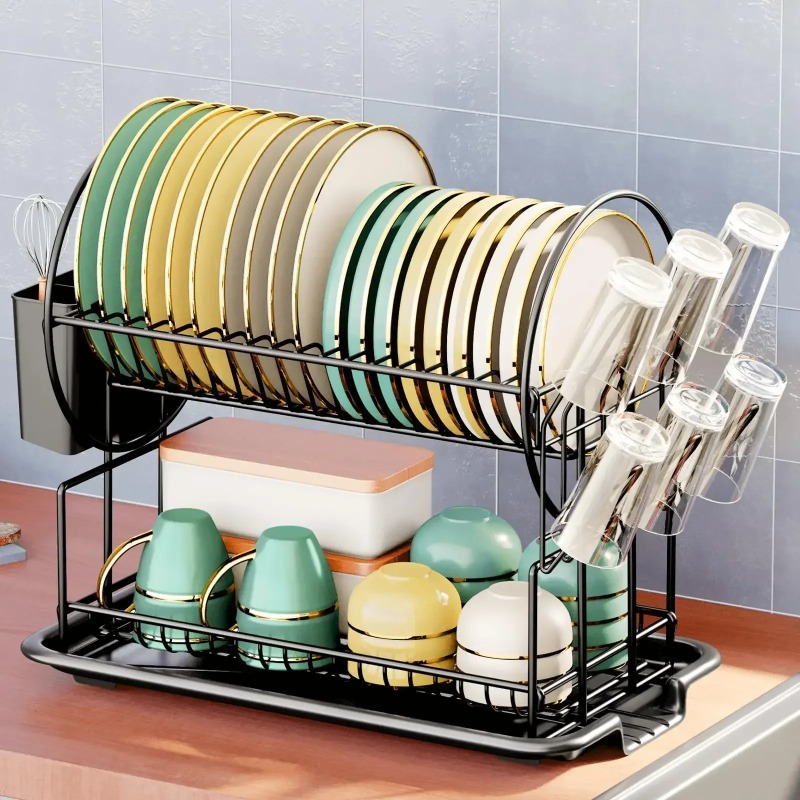 Escorredor de Louça de 2 Níveis com Bandeja Coletora, Suporte para Talheres, Porta-Copos e Porta-Facas para Bancada de Cozinha