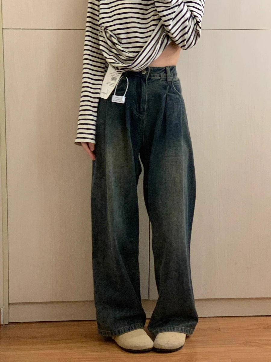 レトロワイドレッグデニムジーンズ女性の春秋ハイウエストルーズプラスサイズストレートレッグパンツアメリカンスタイルセメントグレー