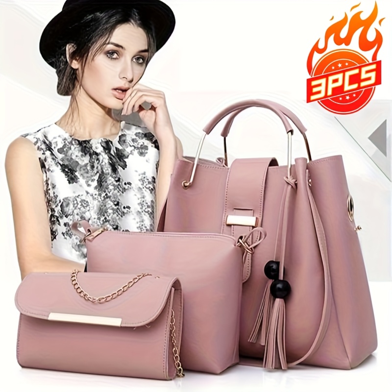 3Pcs/Set Set Tas Wanita Bahan Kulit PU, Tas Selempang, Tas Tangan Fashion + Tas Messenger + Dompet Clutch Combo untuk Wanita