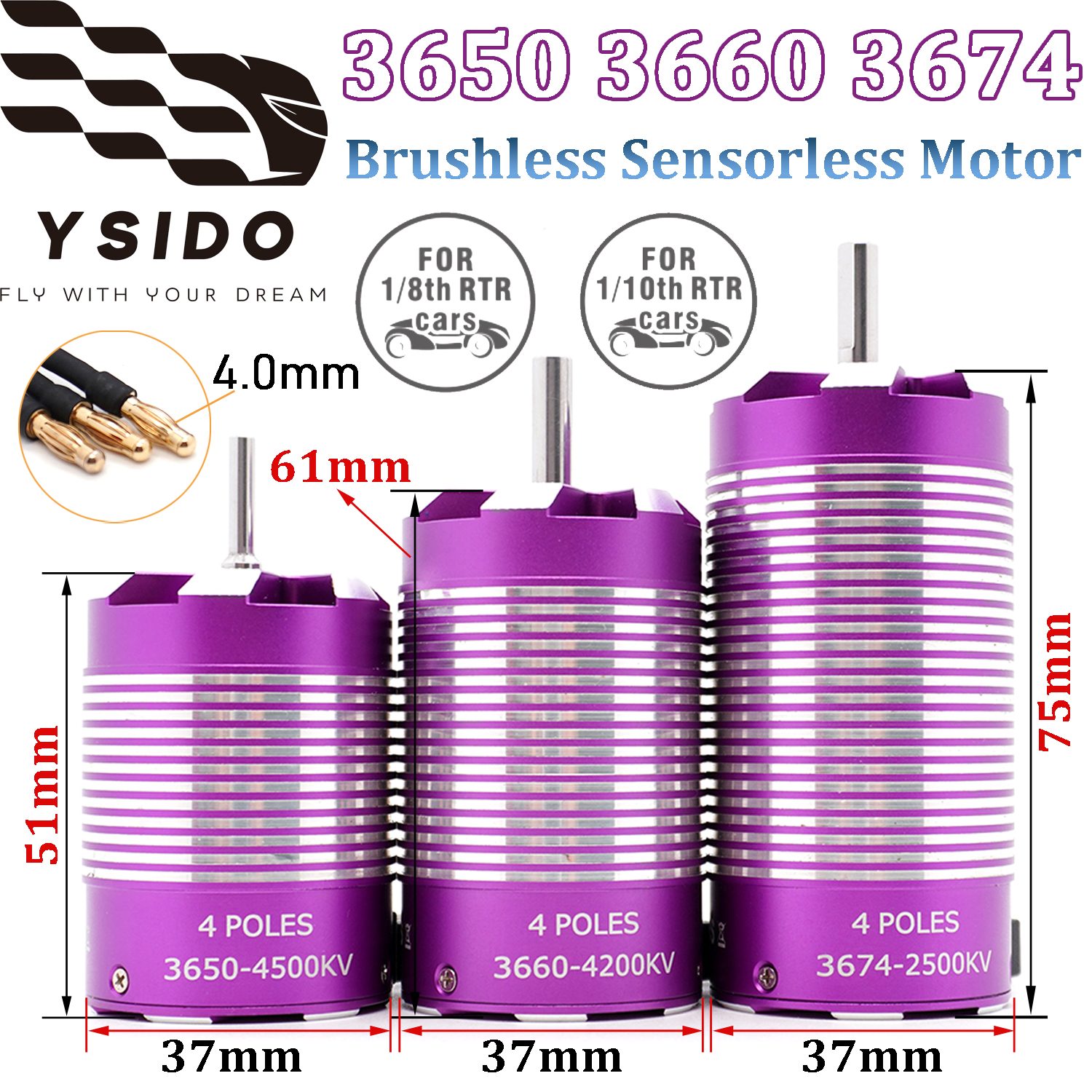 Motor sin Escobillas YSIDO 3650 3660 3674 de 4 Polos 3.175/5.0mm para Buggy de Carreras Todoterreno RC 1:8 1:10 WLtoys Tamiya Traxxas