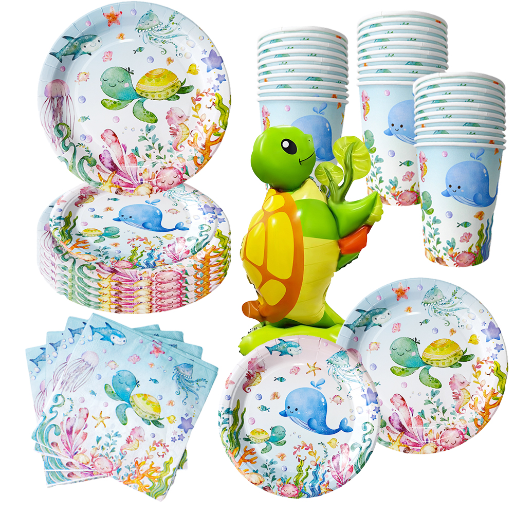 น่ารักสัตว์ทะเลเต่าปลาวาฬบนโต๊ะอาหารแผ่นถ้วยผ้าเช็ดปากเด็ก Sea Ocean Theme วันเกิด Baby Shower อุปกรณ์ตกแต่ง