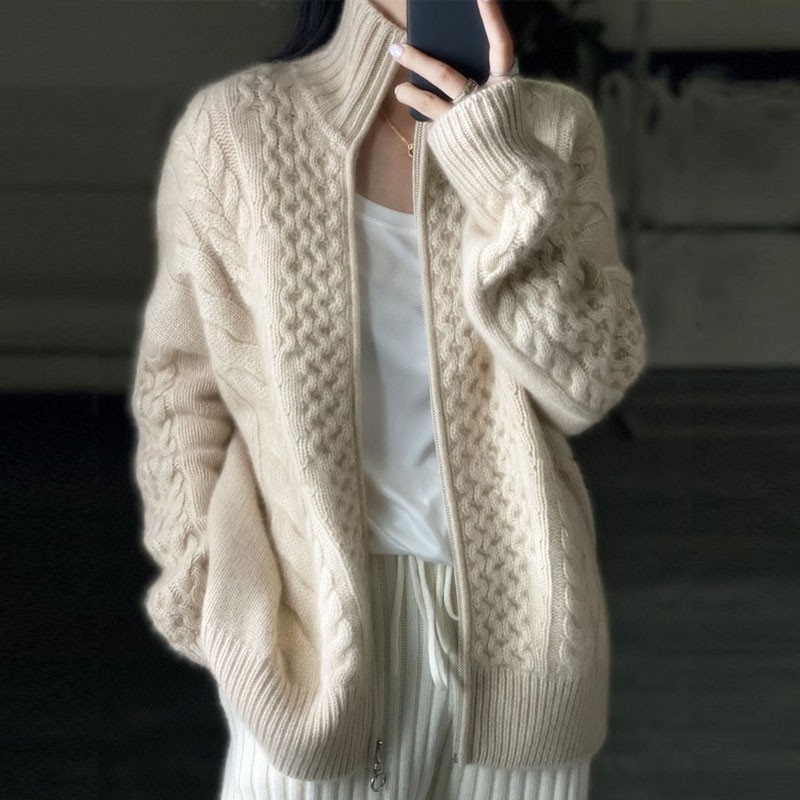 Cárdigan de punto de Cachemira de cuello alto grueso para mujer, suéter de lana suelto informal, Tops de chaqueta femenina de talla grande, otoño e invierno, nuevo