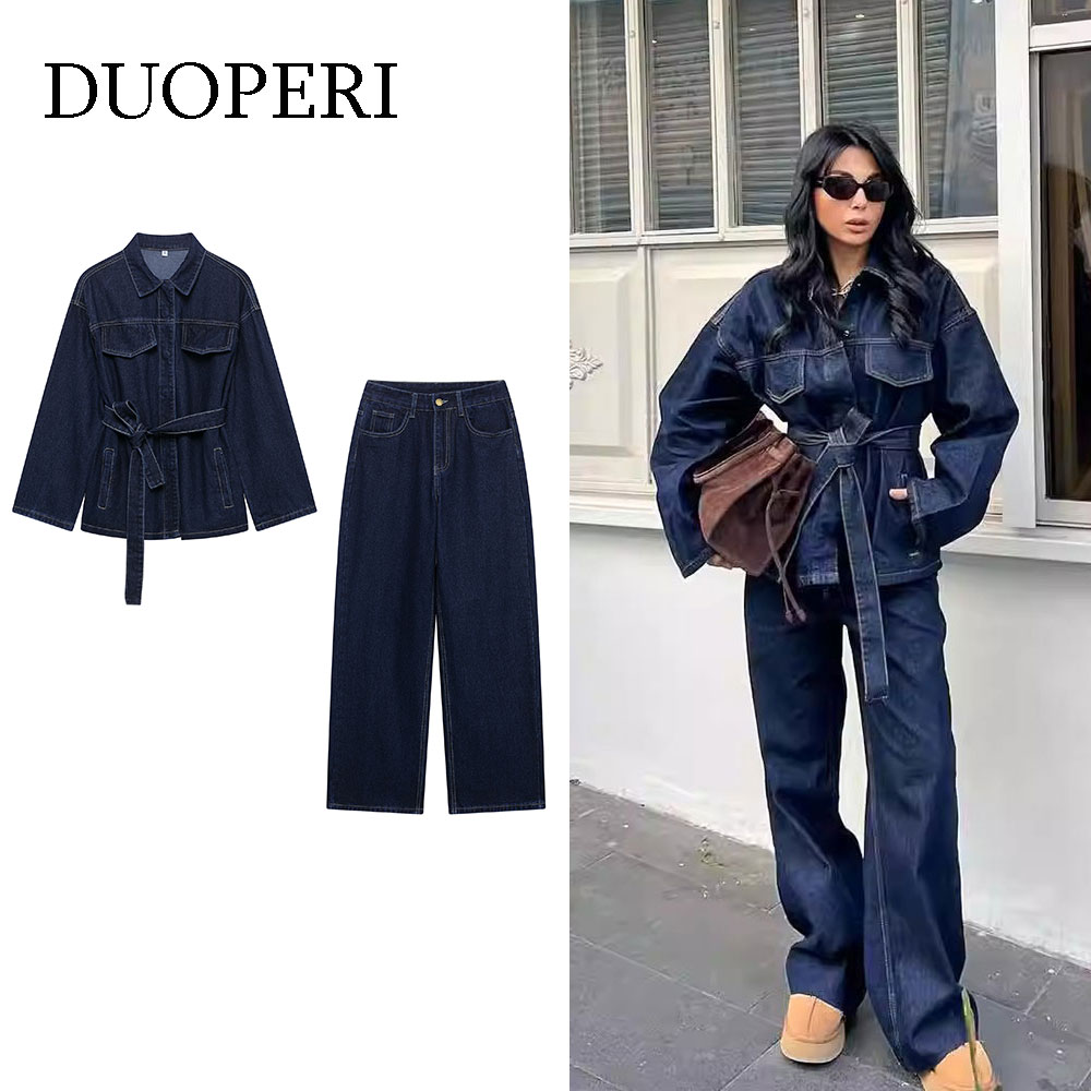 DUOPERI レディースファッション ベルト付きデニムジャケット＆ヴィンテージフロントジッパージーンズパンツの2ピースセット 女性用シックなレディパンツセット