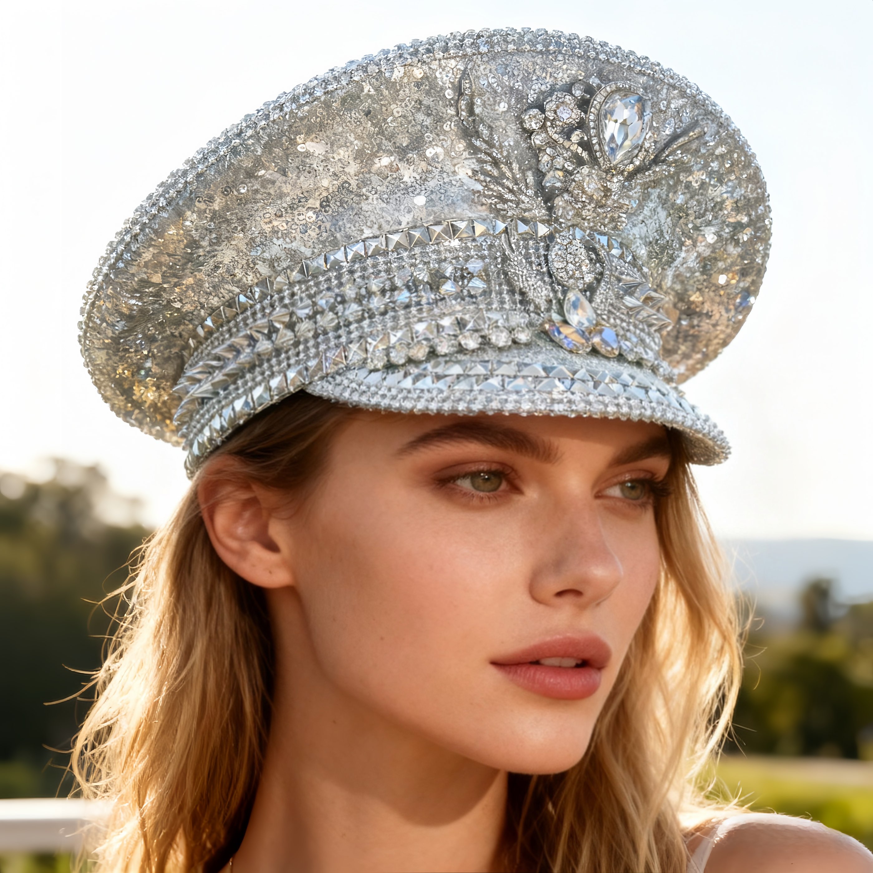 HongLuan Luxury Silvery Steampunk Captain Hat Rhinestone for Burning Man Festival Woman, Vintage Military Accessories & Cap Man