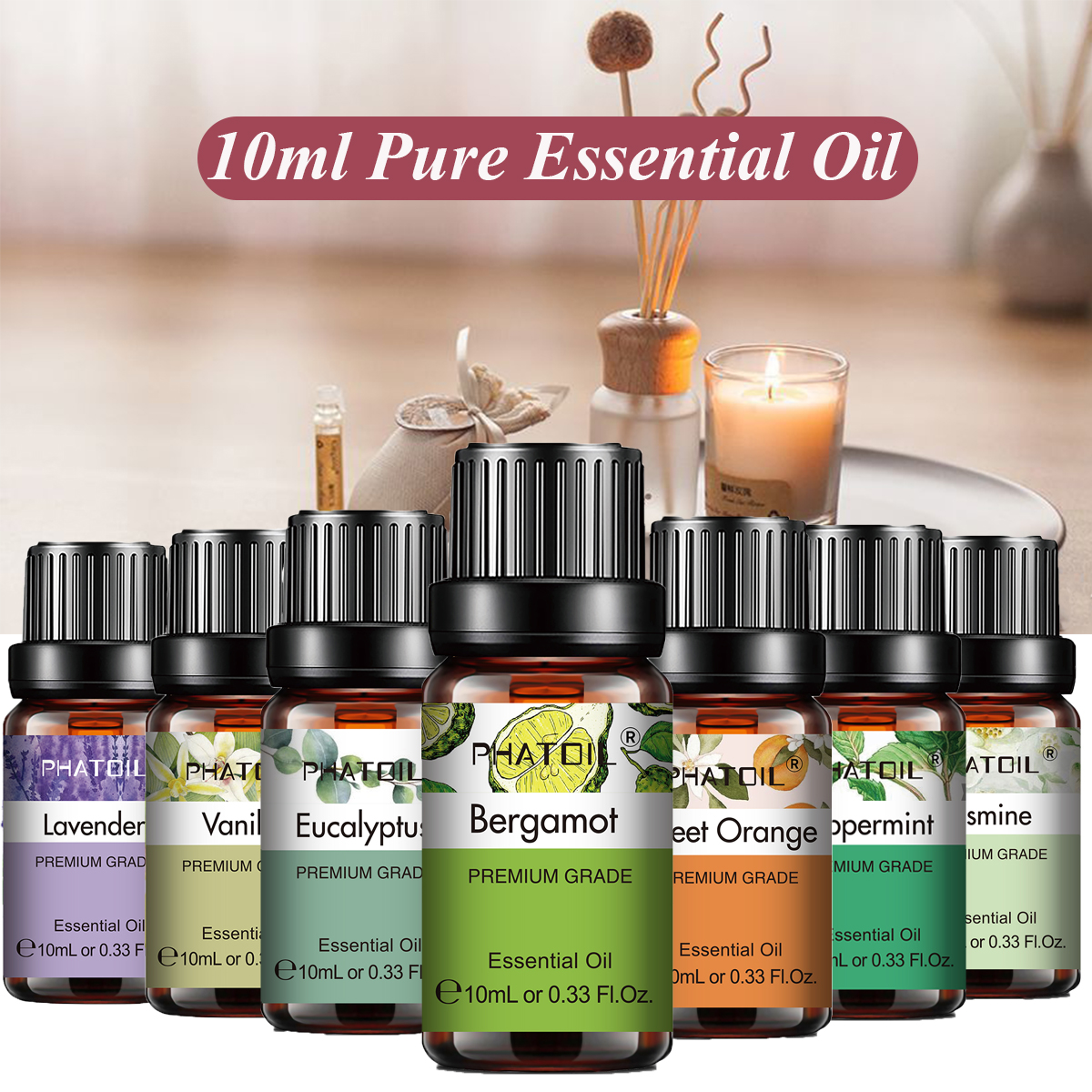 PHATOIL 天然植物エッセンシャルオイル 10 ミリリットルユーカリラベンダーベルガモットバニラペパーミント 1 個アロマエッセンシャルオイルディフューザー用