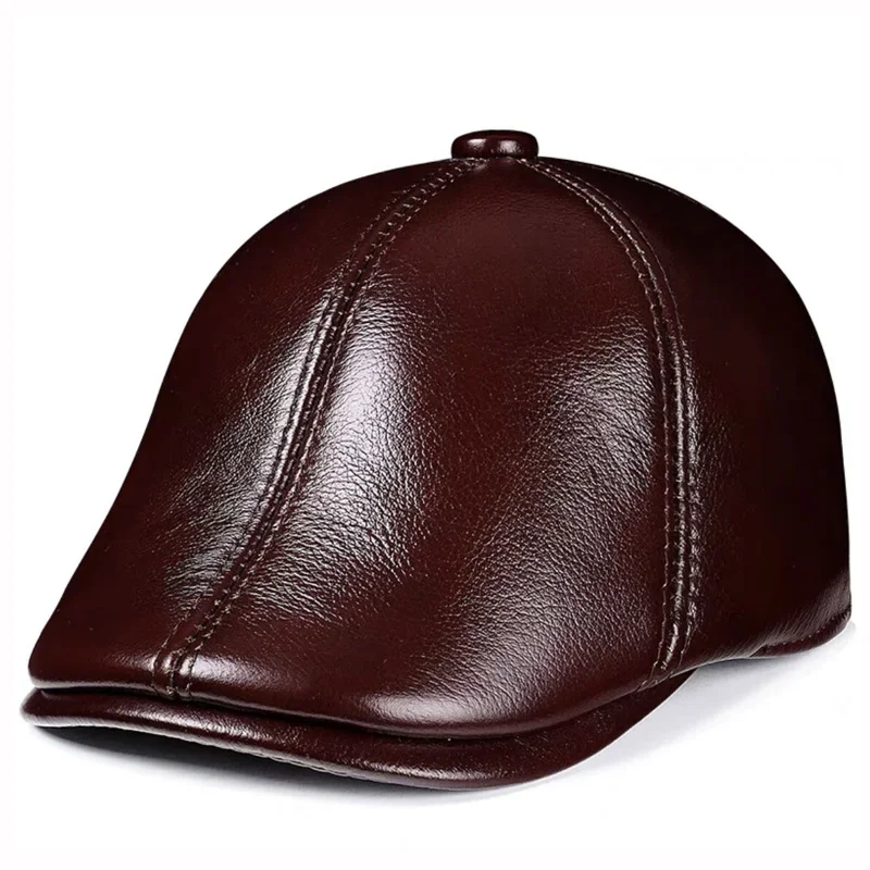 Topi baret kulit asli musim dingin pria, topi Casquette pelindung telinga hangat Gorras kulit sapi tahan angin untuk pria Drake Boina