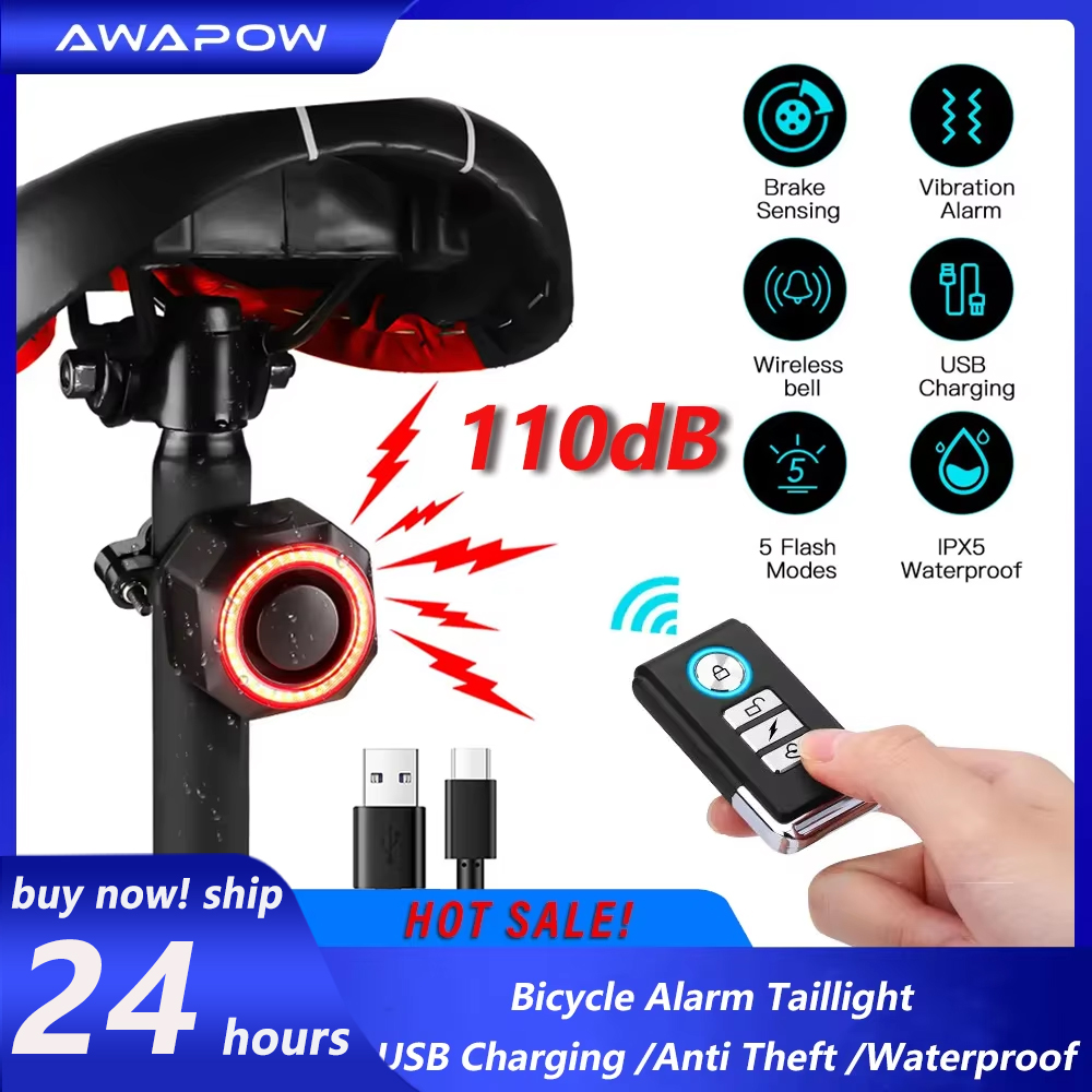 Awapow-luz trasera antirrobo para bicicleta, lámpara inteligente con sensor de freno automático, resistente al agua, carga USB