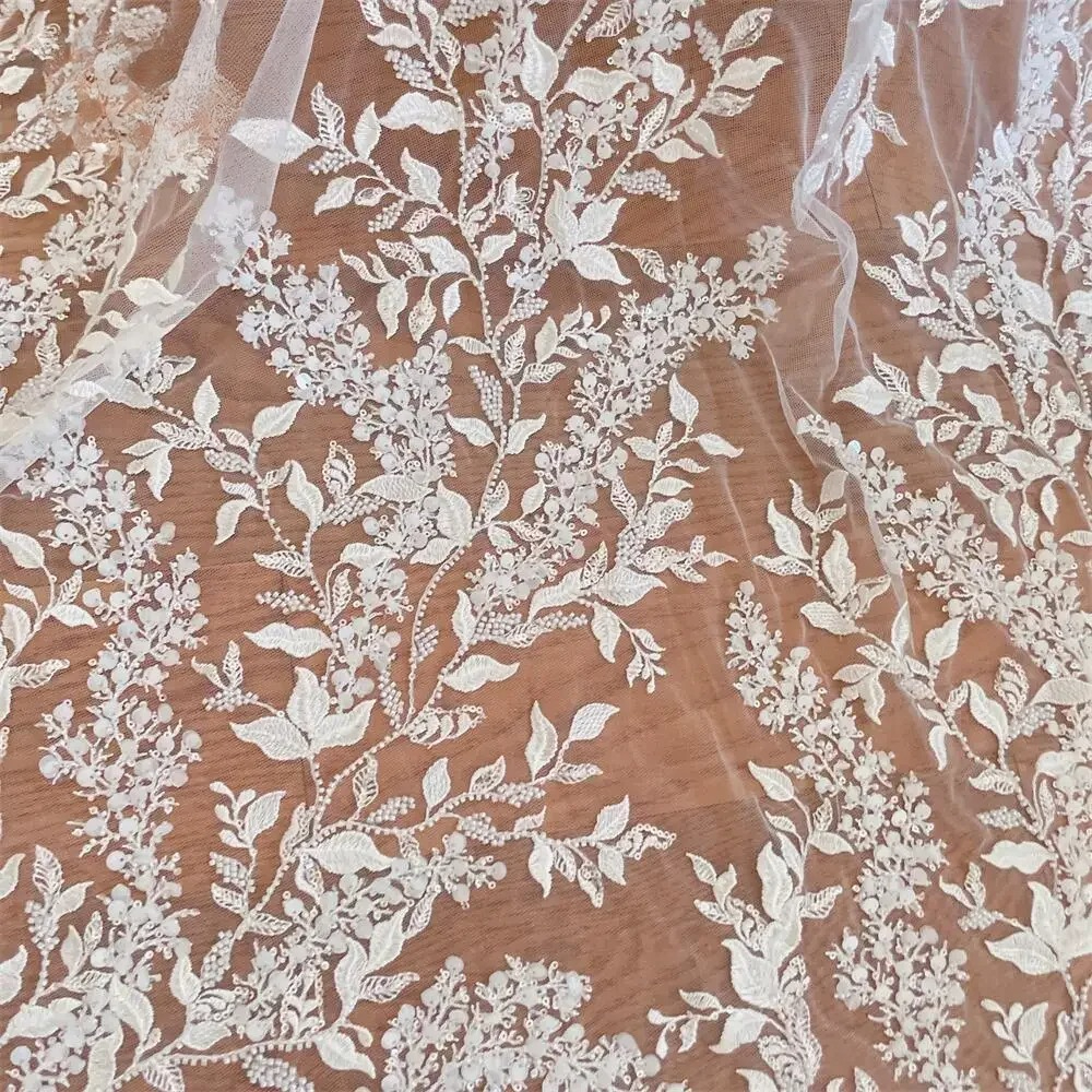 Kain Brokat Bordir Payet Bunga 3D Putih Berkilau untuk Gaun Pengantin, Dekorasi Latar Belakang, dan Aksesoris