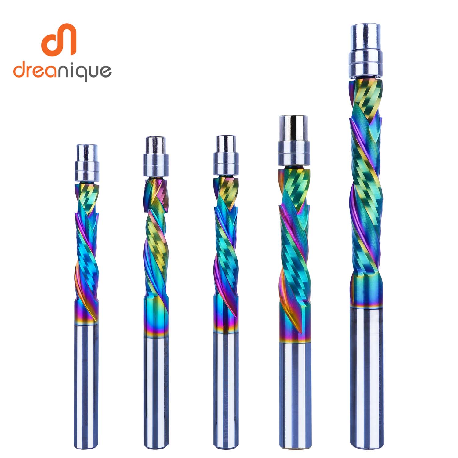Dreanique 1 peça, revestimento dlc, rolamento de carboneto sólido, cortadores de fresa guiados, 2 flautas, guarnição nivelada em espiral, haste de 8mm, fresa de madeira