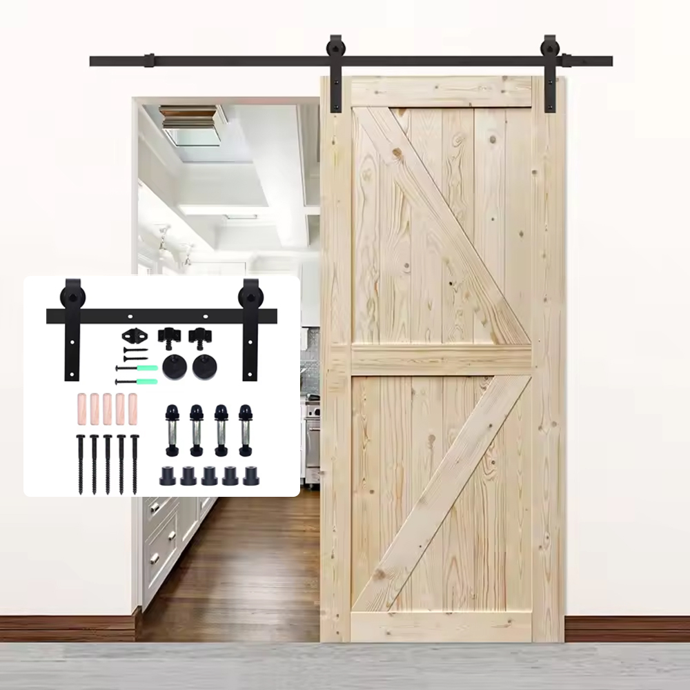 4-9.6FT Sliding Barn Door Hardware Track Kit Wood Door Hardware Black J-Shaped Top Mounted Hangers System