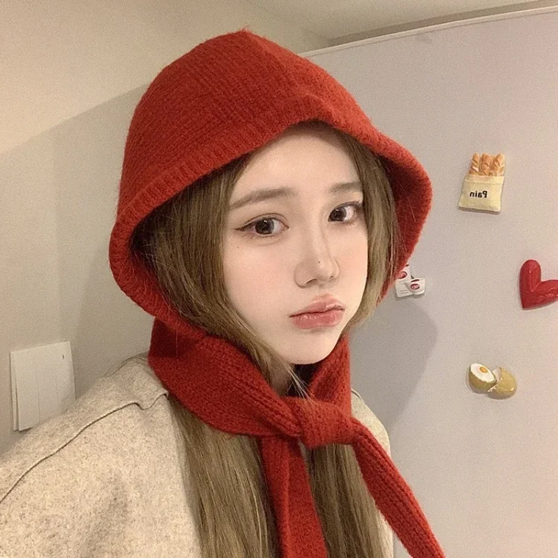 Korea Cute Women's Knitted Hood Scarf Little Red Hat Warm Ear Protection Cold Windproof Cap Winter Fashion Woolen Pullover Hat