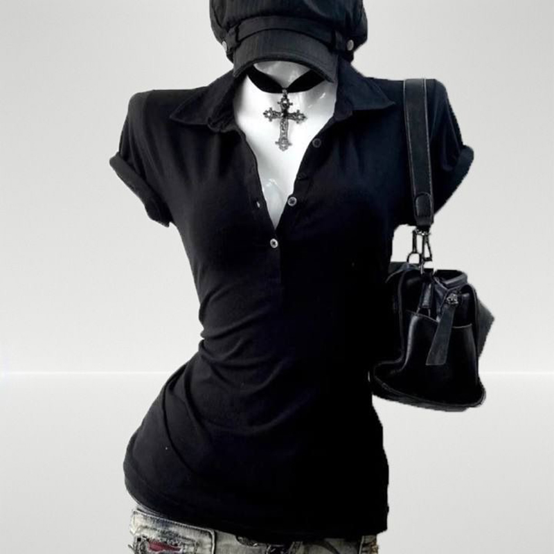Grafica Harajuku Colletto POLO Solido Manica corta T-shirt da donna Anni '90 Vestiti Vintage Donna Trashy Y2k 2000s Top Gotico