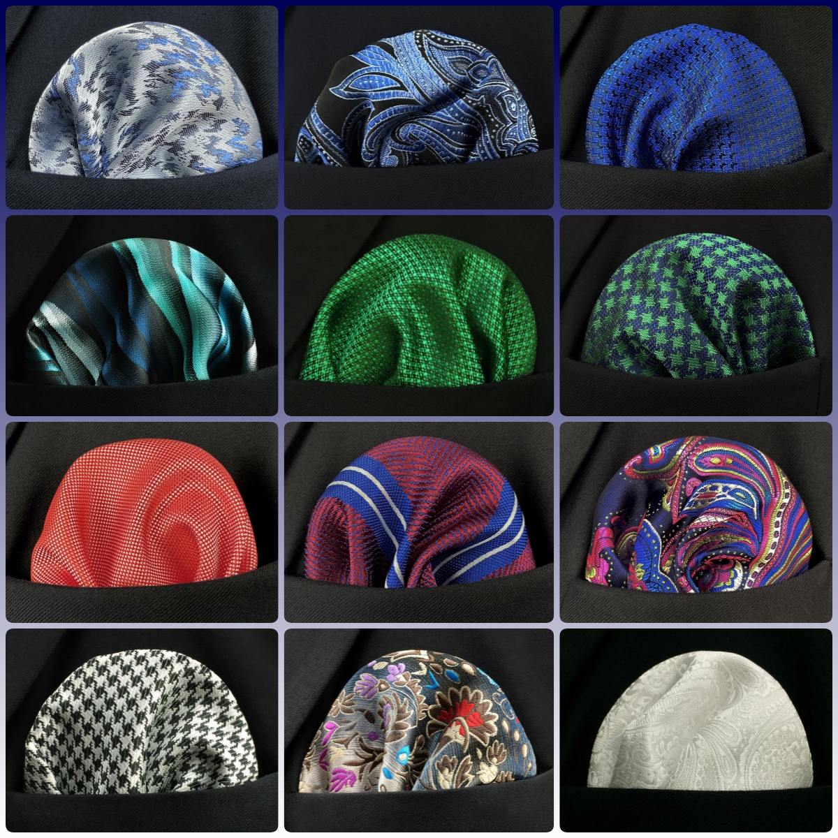 Azul floral paisley masculino bolso quadrado clássico seda roxo lenço negócios moda lenço casamento