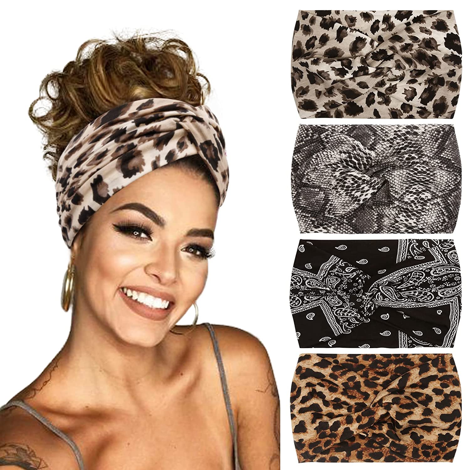 Ikat kepala Yoga untuk rambut wanita Turban Afrika Boho tebal lebar elastis ikat kepala macan tutul simpul