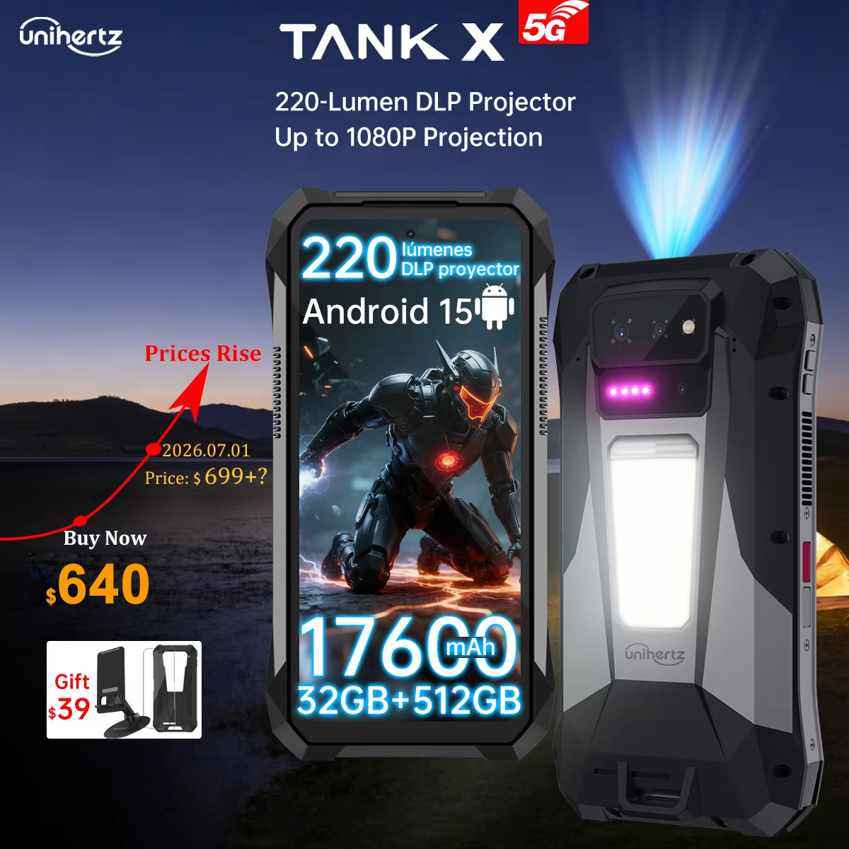 World premiere】Unihertz by 8849 TANK X Rugged Phone 5G Android 15 Built-in 1080P 220 lumen Projection 17600mah Battery 32+512GB