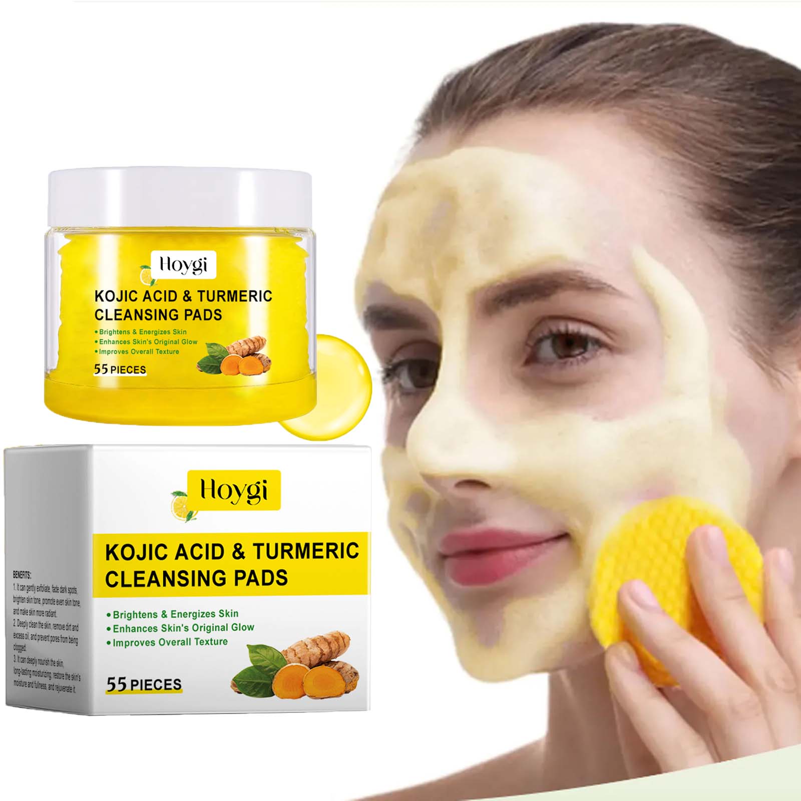 Almohadillas de limpieza de ácido kójico de cúrcuma, almohadillas exfoliantes que eliminan la piel muerta, reduce los poros, brillo suave, limpieza facial de la piel
