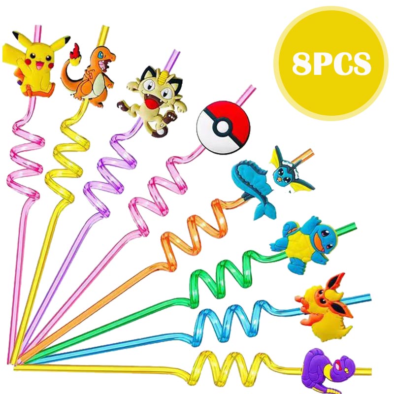 8pcs Pokemon Straws การ์ตูน Pikachu Theme หลอดดูดดื่มแบบใช้ซ้ําได้สําหรับเด็กวันเกิดตกแต่ง PARTY Supplies ของเล่นอาบน้ําเด็ก