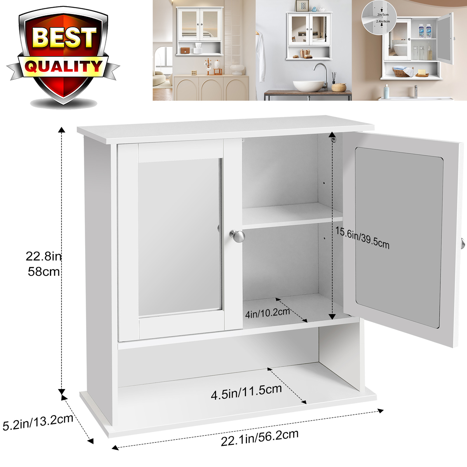 DayPlus-Armoire Miroir à Double Porte avec Étagère Ouverte, Panneau de Rangement Mural pour HOavec Étagère Réglable Blanche