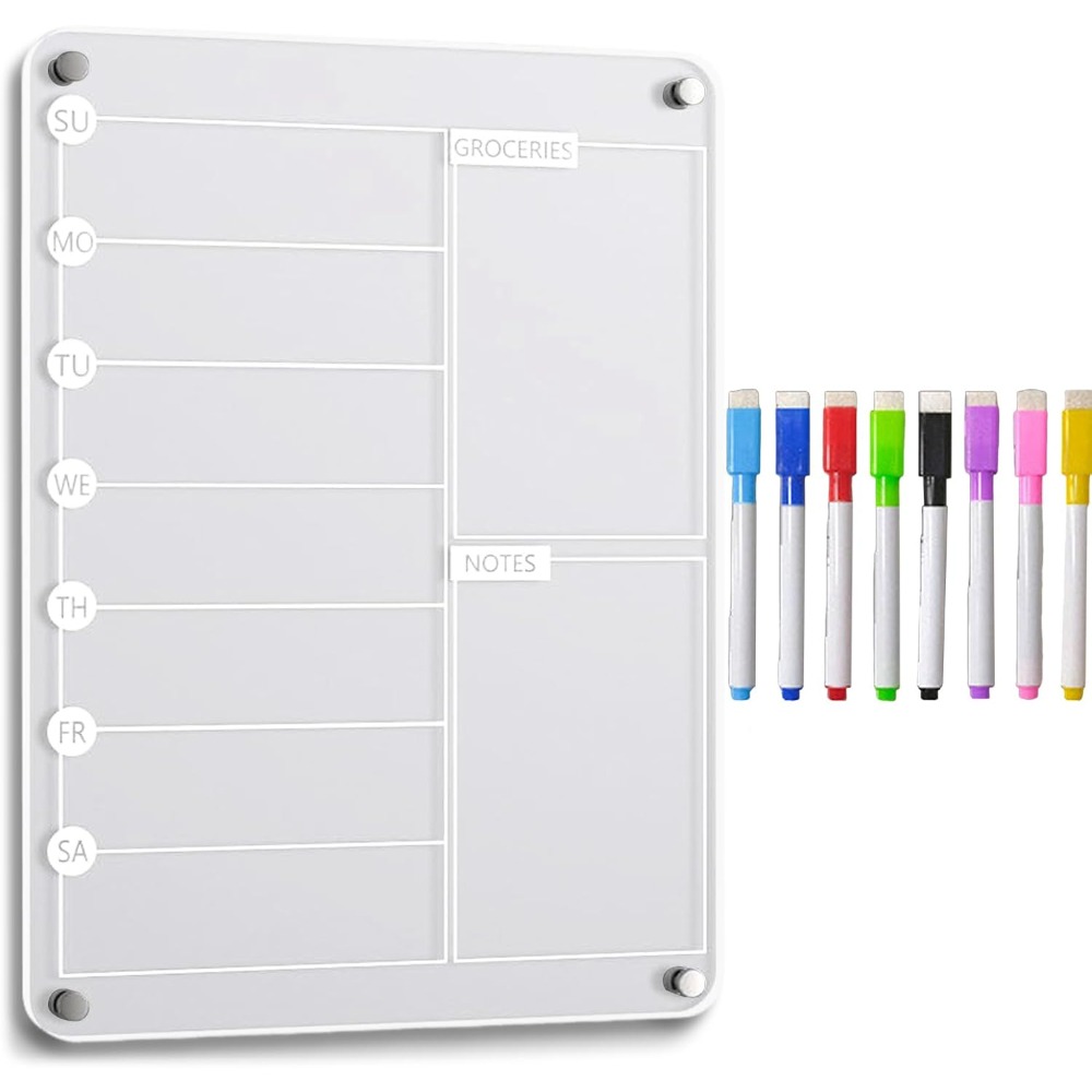 Calendrier hebdomadaire du réfrigérateur, planificateur réutilisable en acrylique magnétique transparent avec marqueurs pour liste d'épicerie et tableau des tâches