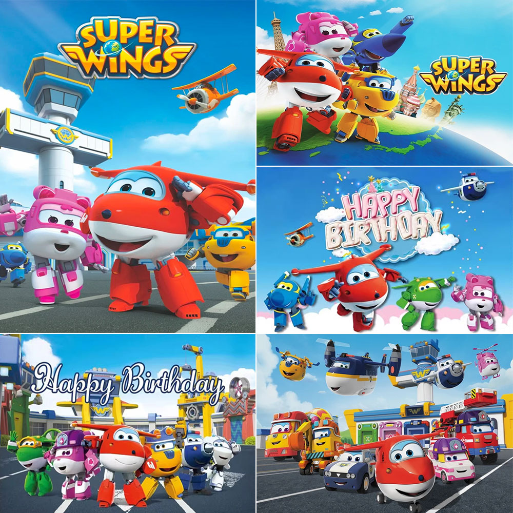 Super Wings Thema Verjaardagsfeest Achtergrond Decoratie Vliegtuig Banner Shoot Fotojongen Meisje Cadeau Baby Shower Fotografie Rekwisieten