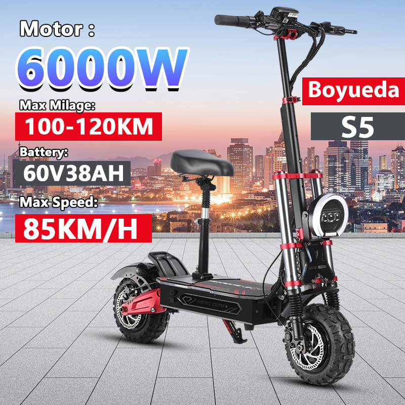 Boyueda S5 skuter elektryczny 6000W silnik 60V38AH akumulator 11 Cal dla dorosłych EScootery terenowe 85 km/h wersja z podwójnym napędem e-skuter