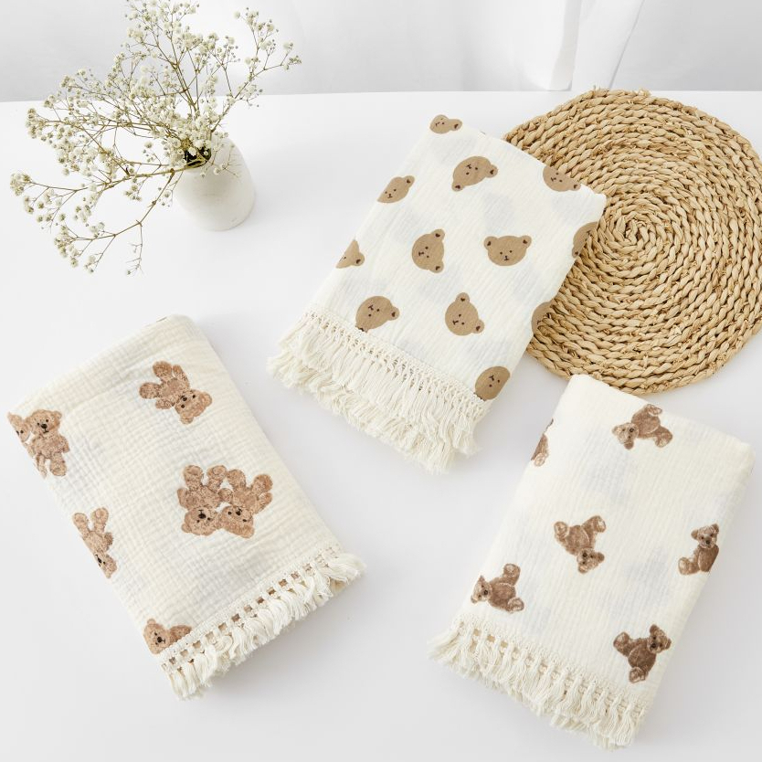 Bio-Babydecken, Musselin-Pucktuch für Neugeborene, Fransen, doppellagige Baumwolle, Sommerdecke, Bettdecke, Säuglingsbabysachen, Bebe
