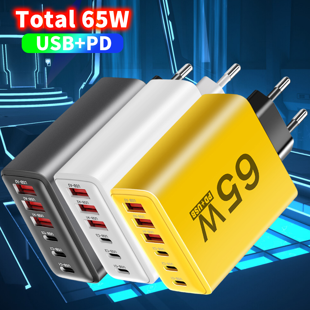 Ładowarka USB typu C o mocy 65 W z 6 portami Muti Szybkie ładowanie Wtyczka EU/US/UK Zasilacz ścienny do telefonu komórkowego dla IPhone Samsung Xiaomi