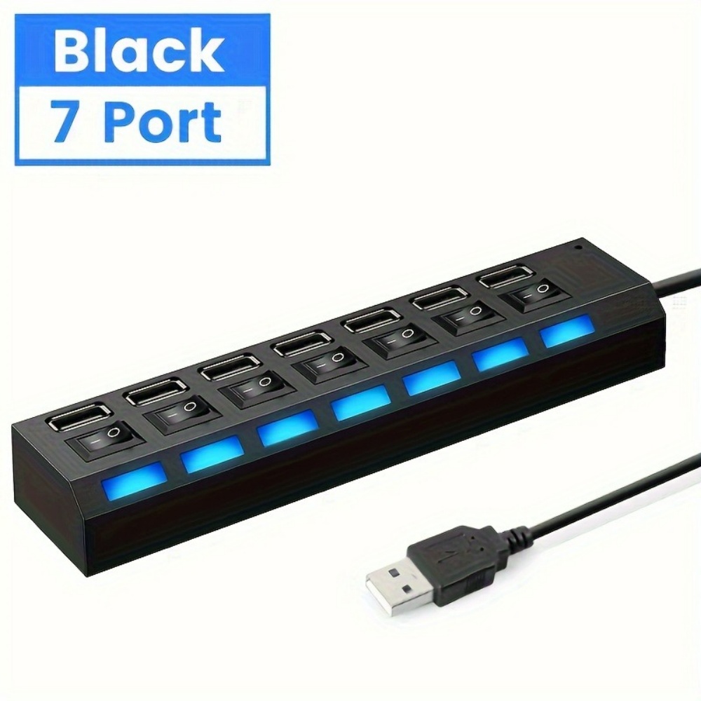 7-Port USB 2.0 Hub mit LED, 5 Gbps Hochgeschwindigkeits-Multiport-USB-Adapter, USB-Erweiterung mit Schalter für Laptop, Computer, Zuhause