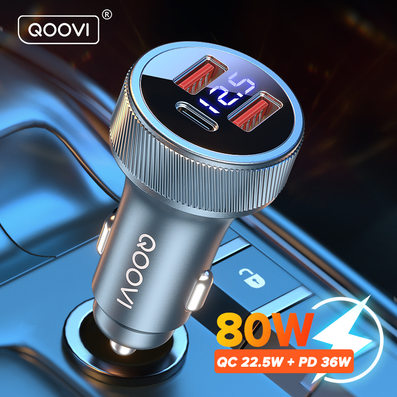 QOOVI 80W ที่ชาร์จแบตในรถ PD USB Type C Dual Port USB ที่ชาร์จโทรศัพท์ชาร์จเร็วสำหรับไอโฟน 13 เสี่ยวมี่ ซัมซุง ไอแพดแล็ปท็อปแท็บเล็ต