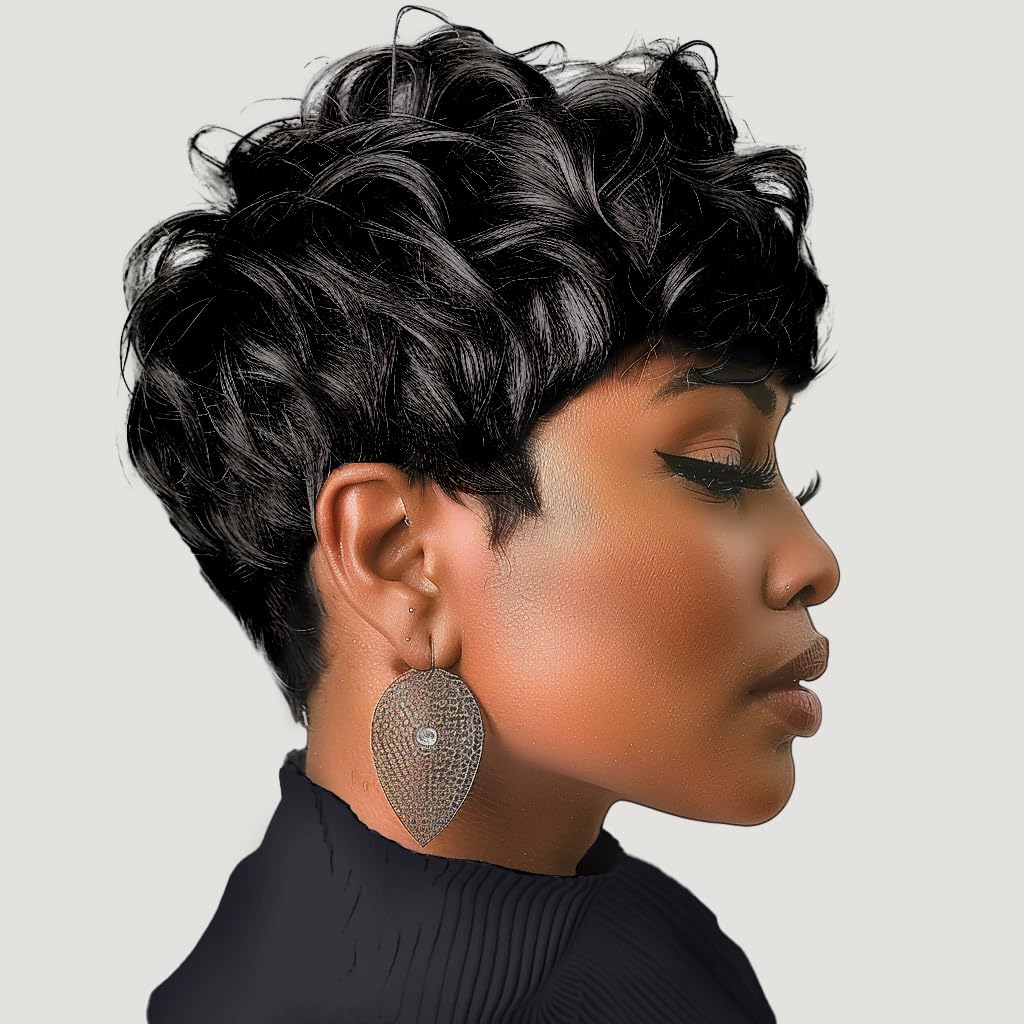 Korte Pixie Pruiken voor Zwarte Vrouwen Korte Zwarte Krullend pixie Pruiken Synthetisch Haar Pruiken voor Zwarte Vrouwen Natuurlijk Golvend Zwart pixie Cut