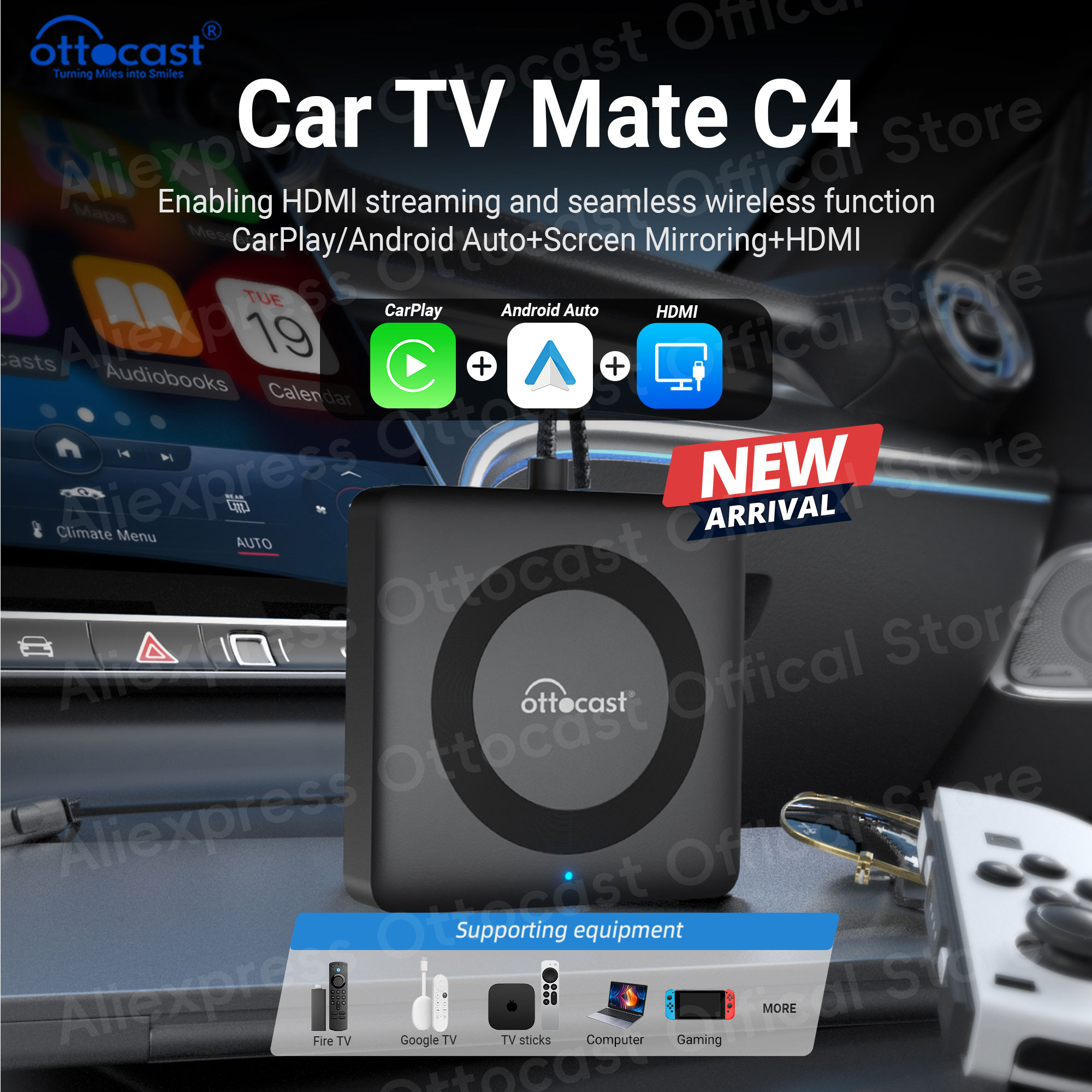 OTTOCAST Car TV Mate Pro C4 Akcesoria samochodowe Bezprzewodowy adapter CarPlay Android Auto Konwerter wideo dla HDMI dla VW Benz Chevrolet