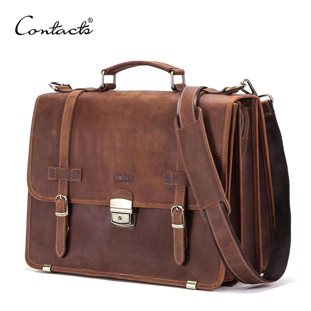 CONTACT'S männer Tasche Crazy Horse Leder Aktentasche Männer Business Tasche Für 14 "Laptop Qualität Leder Schulter Messenger Taschen männlichen