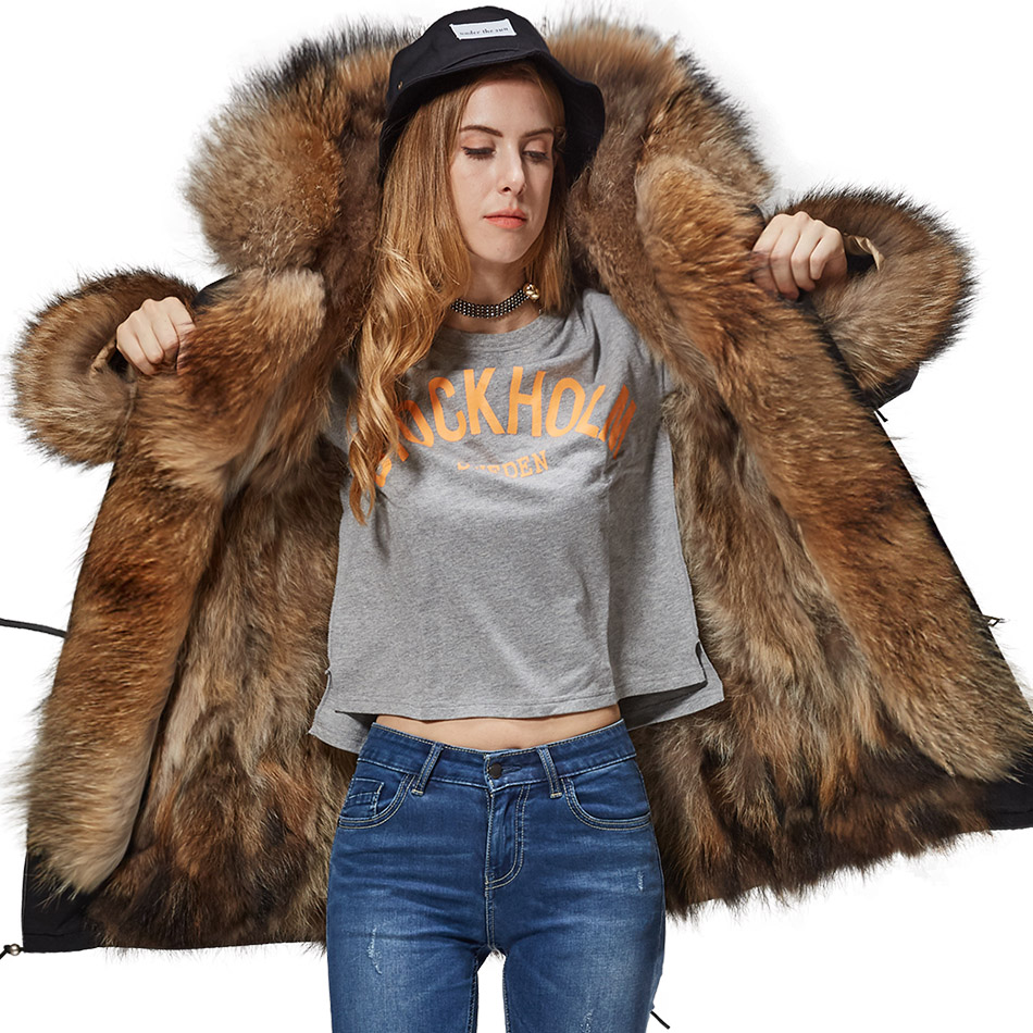 Maomaokong ธรรมชาติซับขนสัตว์ฤดูหนาวผู้หญิงเสื้อแจ็คเก็ตยาว Fox ขนสัตว์ Raccoon ขนสัตว์ Hooded หนาสีดํากันน้ํา Parkas