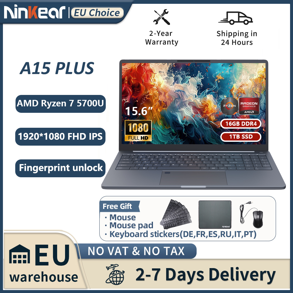 Ninkear A15 PLUS Laptop 15,6" IPS FHD AMD Ryzen 7 5825U Notebook 16GB DDR4 + 1TB SSD WIFI 6 Windows 11 PRO Office Computer