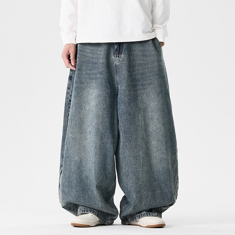 Męskie jeansy plus size w stylu japońskim retro Hong Kong, luźne spodnie casual z szerokimi nogawkami, spodnie codzienne, spodnie hip-hopowe.