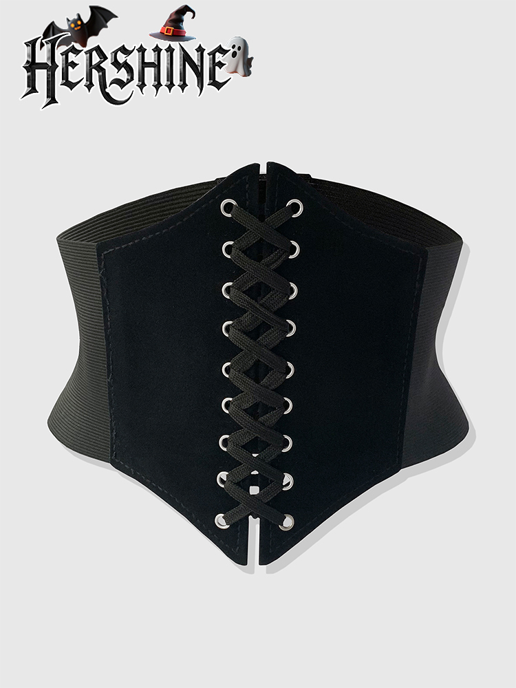 Vestido de 1 pieza de ante negro con cordones Y2K estilo palaciego oscuro con cintura hexagonal y accesorios para versatilidad diaria