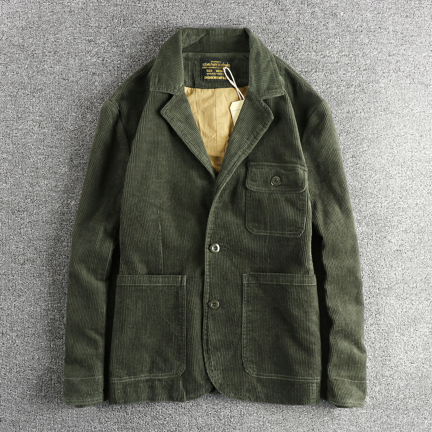 Abito casual da uomo in velluto a coste di cotone lavato vintage Heavy May Khaki, giacca ampia alla moda, abito singolo