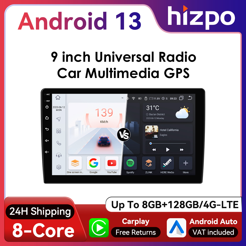 Hizpo 2Din 9 inci/9.7 inci Radio Mobil Android Universal Pemutar Multimedia Cerdas CarPlay Nirkabel RDS DSP Navigasi GPS 4G WiFi Bluetooth UIS7862 Snapdragon 6115 Headunit