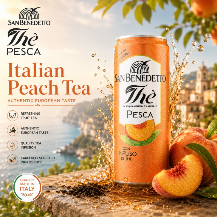 Dessertcombinatie: Fruitige koude thee San Benedetto Pesca perzik ijsthee, zachte zoete perzik smaak, romige gebakjes.